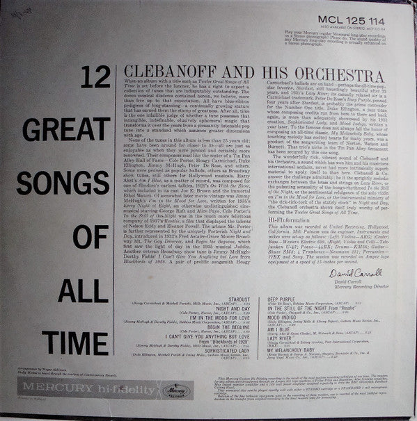 Clebanoff And His Orchestra : Twelve Great Songs Of All Time (LP, Album, Mono)