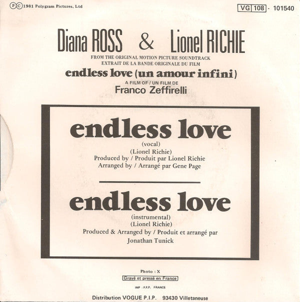 Diana Ross & Lionel Richie : Endless Love (7", Single)