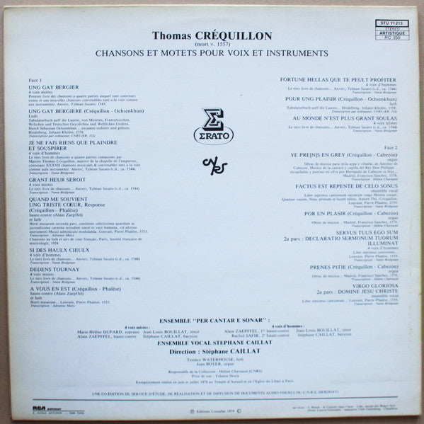 Thomas Crecquillon - Ensemble Per Cantar E Sonar, Ensemble Vocal Stéphane Caillat, Stéphane Caillat : Chansons Et Motets Pour Voix Et Instruments (LP)