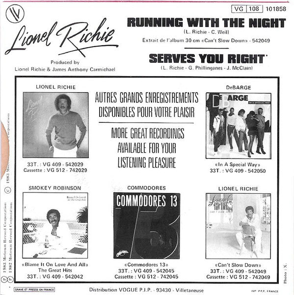 Lionel Richie : Running With The Night / Serves You Right (7", Single)