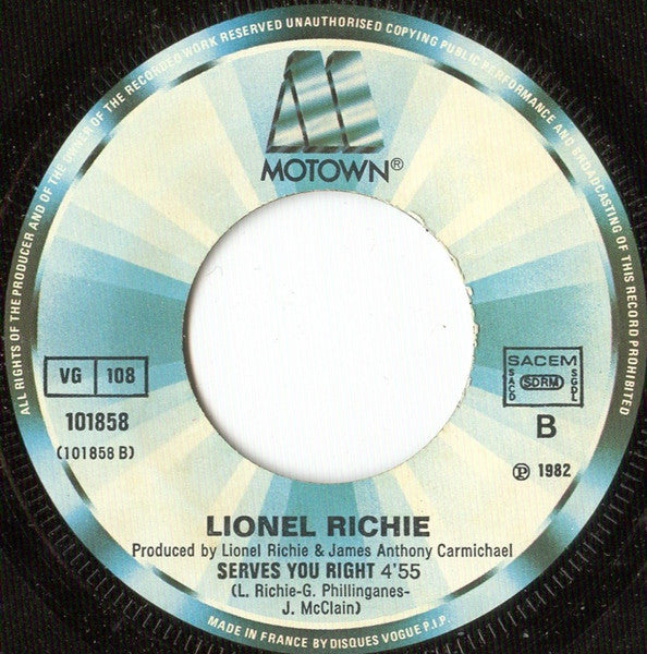 Lionel Richie : Running With The Night / Serves You Right (7", Single)