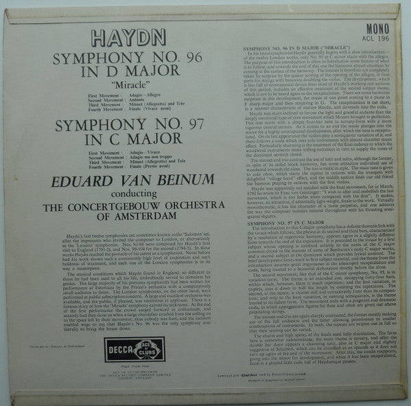 Joseph Haydn - Eduard van Beinum, Concertgebouworkest : Haydn Symphonies N°96 & 97 (LP, Mono)