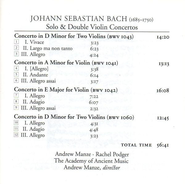 Johann Sebastian Bach - Andrew Manze, Rachel Podger, The Academy Of Ancient Music : Solo & Double Violin Concertos (CD)