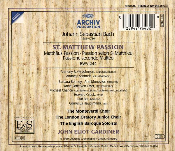 J.S. Bach* - John Eliot Gardiner : St. Matthew Passion = Matthäus-Passion = Passion Selon St Matthieu (3xCD, RE + Box)