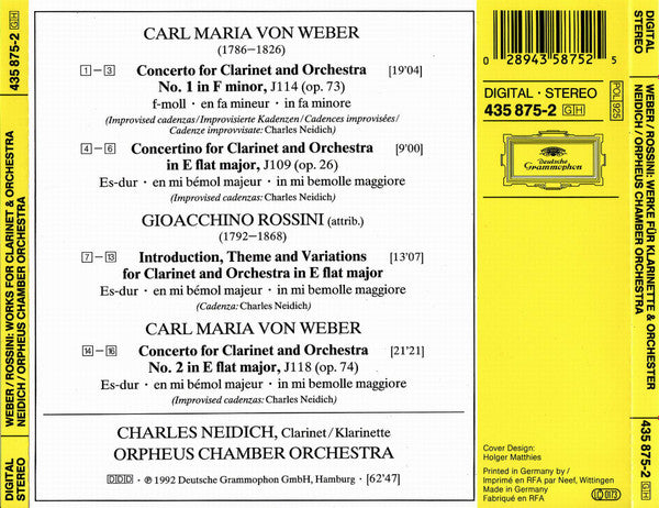 Charles Neidich, Orpheus Chamber Orchestra : Rossini's Introduction, Theme and Variations for Clarinet / Weber's Clarinet Concertos and Concertino (CD, Album, RE)