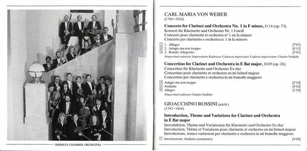 Charles Neidich, Orpheus Chamber Orchestra : Rossini's Introduction, Theme and Variations for Clarinet / Weber's Clarinet Concertos and Concertino (CD, Album, RE)