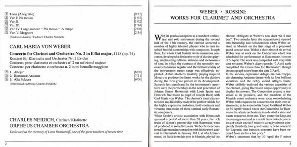 Charles Neidich, Orpheus Chamber Orchestra : Rossini's Introduction, Theme and Variations for Clarinet / Weber's Clarinet Concertos and Concertino (CD, Album, RE)