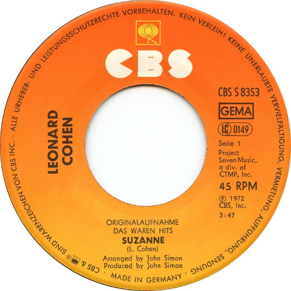 Leonard Cohen : Suzanne (7", Single, RE)