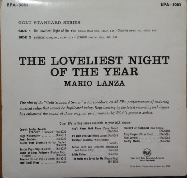 Mario Lanza : The Loveliest Night Of The Year (7", EP, Mono)