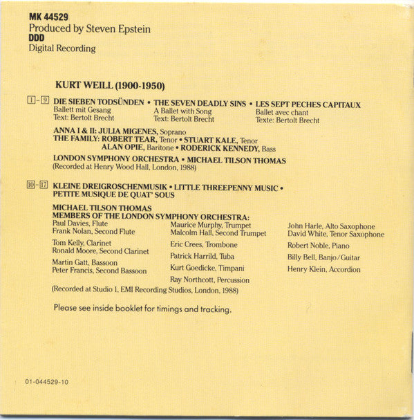 Kurt Weill : Julia Migenes - London Symphony Orchestra - Michael Tilson Thomas : The Seven Deadly Sins / Little Threepenny Music (CD, Album)