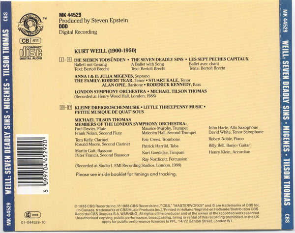 Kurt Weill : Julia Migenes - London Symphony Orchestra - Michael Tilson Thomas : The Seven Deadly Sins / Little Threepenny Music (CD, Album)
