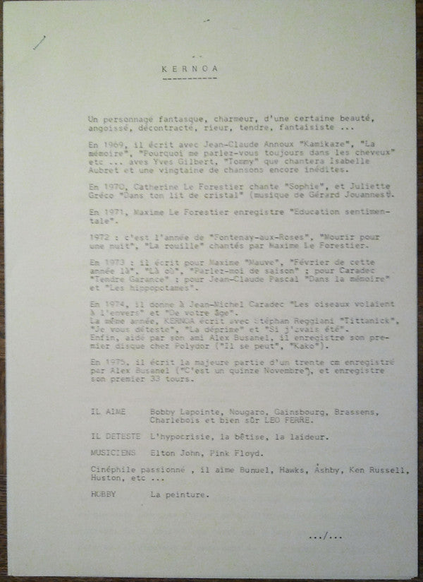 Jean-Pierre Kernoa : Oh Mes Souvenirs (LP, Album)