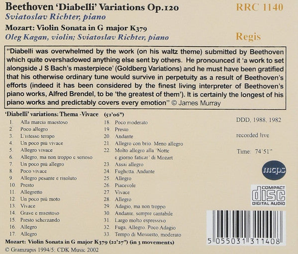 Ludwig van Beethoven, Sviatoslav Richter : Diabelli Variations Op. 120 (CD, Comp, RE, RM)