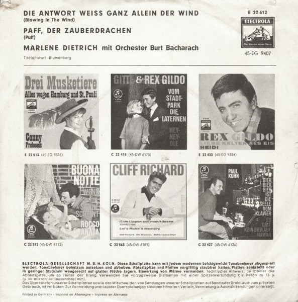 Marlene Dietrich : Die Antwort Weiss Ganz Allein Der Wind (7", Single)