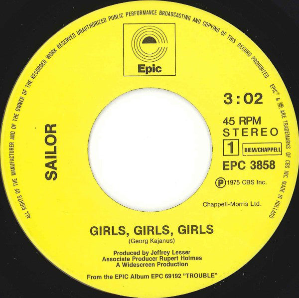 Sailor : Girls, Girls, Girls (7", Single, Yel)