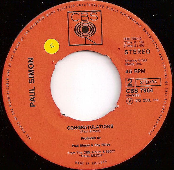 Paul Simon : Me And Julio Down By The Schoolyard / Congratulations (7", Single)