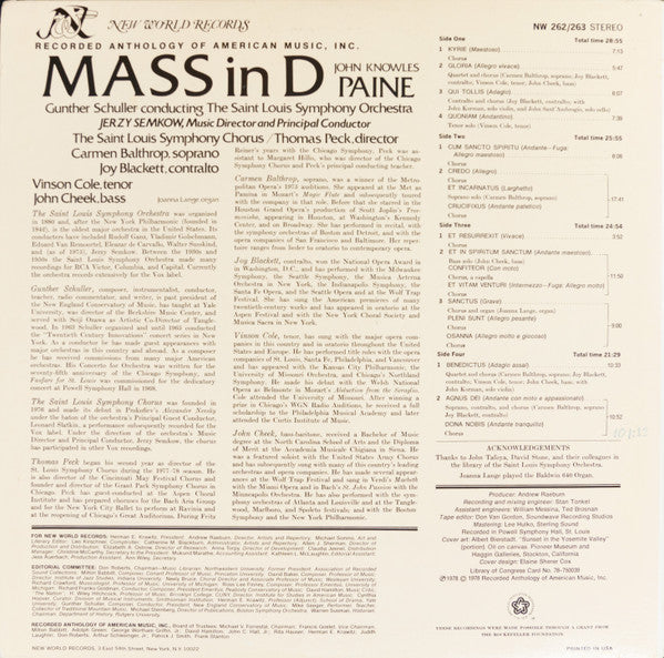 John Knowles Paine / Gunther Schuller Conducting Saint Louis Symphony Orchestra, Saint Louis Symphony Chorus, Thomas Peck, Carmen Balthrop, Joy Blackett, Vinson Cole, John Cheek : Mass In D (2xLP, Gat)