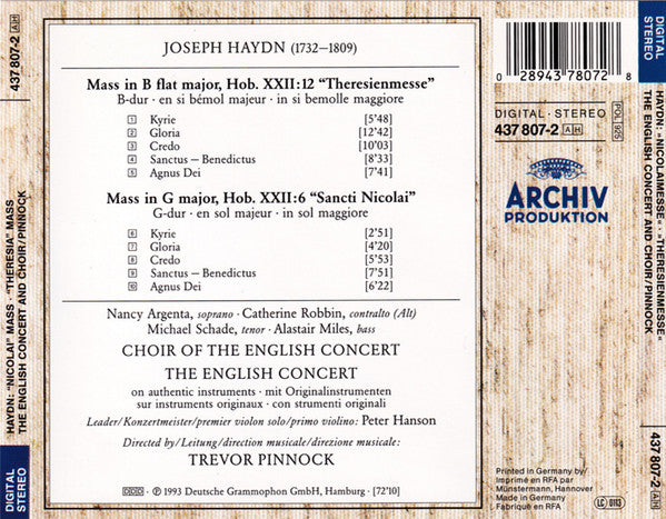 Joseph Haydn - Nancy Argenta, Catherine Robbin, Michael Schade, Alastair Miles, The English Concert And The English Concert Choir, Trevor Pinnock : Missa Sancti Nicolai / Theresienmesse (CD, Album)