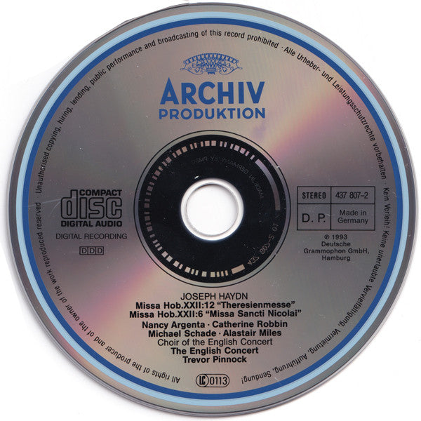 Joseph Haydn - Nancy Argenta, Catherine Robbin, Michael Schade, Alastair Miles, The English Concert And The English Concert Choir, Trevor Pinnock : Missa Sancti Nicolai / Theresienmesse (CD, Album)