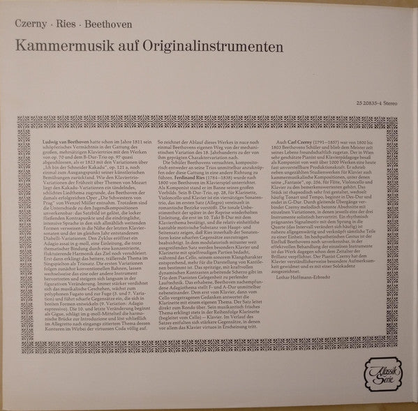 Carl Czerny · Ferdinand Ries · Ludwig van Beethoven : Kammermusik Auf Originalinstrumenten (LP, RE)