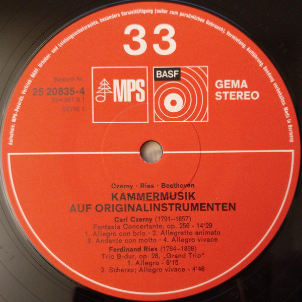 Carl Czerny · Ferdinand Ries · Ludwig van Beethoven : Kammermusik Auf Originalinstrumenten (LP, RE)