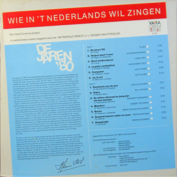 Various : Wie In 't Nederlands Wil Zingen, De Jaren '80 (LP)