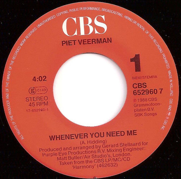 Piet Veerman : Whenever You Need Me (7", Single)