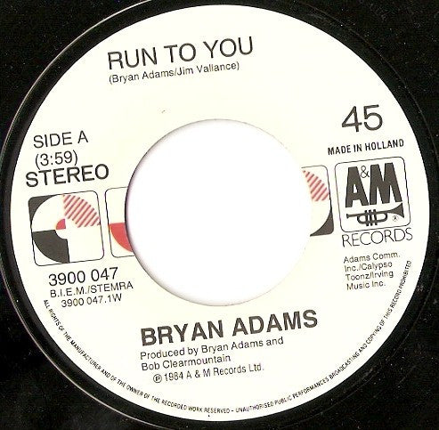 Bryan Adams : Run To You (7", Single)