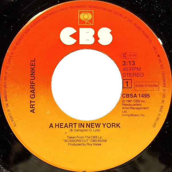 Art Garfunkel : A Heart In New York (7", Single)