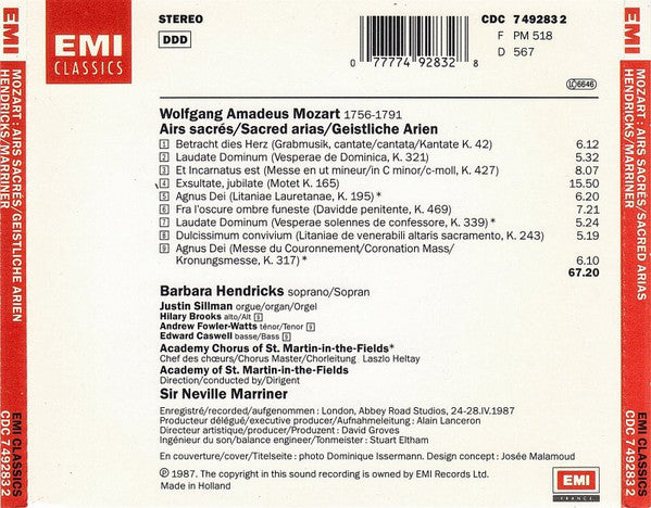 Wolfgang Amadeus Mozart : Barbara Hendricks, Sir Neville Marriner : Airs Sacrés/Sacred Arias (CD, Album)