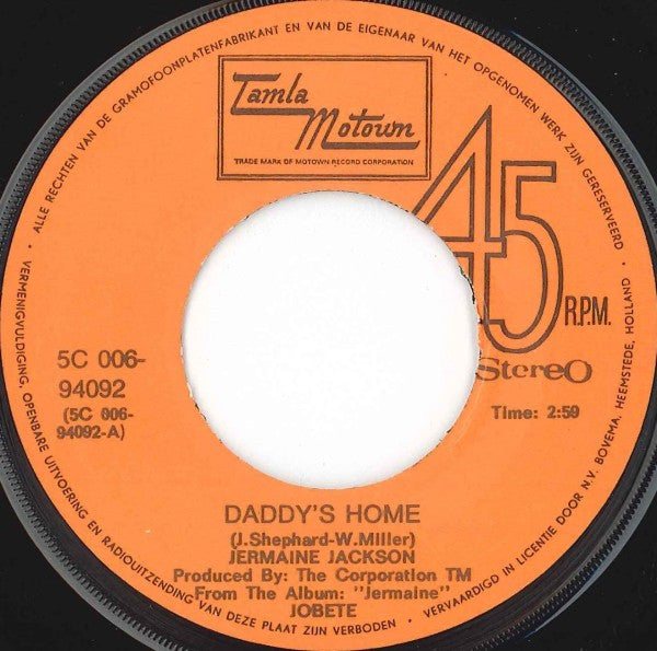 Jermaine Jackson : Daddy's Home (7", Single, Ora)