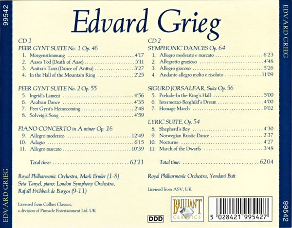 Edvard Grieg : Peer Gynt - Piano Concerto - Symphonic Dances - Sigurd Jorsalfur - Lyric Suite (2xCD, Album)