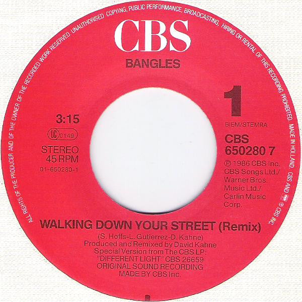 Bangles : Walking Down Your Street (7", Single)