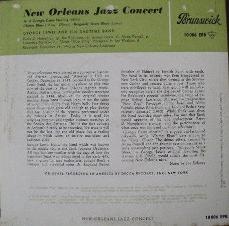 George Lewis' Ragtime Band : New Orleans Jazz Concert (7", EP)