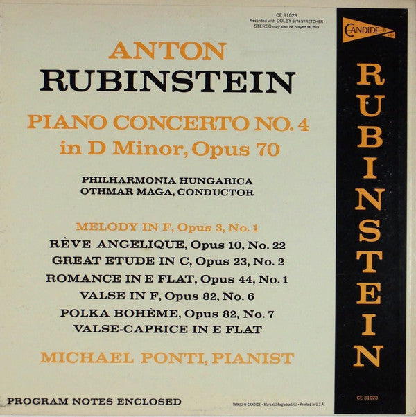 Anton Rubinstein, Philharmonia Hungarica, Othmar F. M. Mága, Michael Ponti : Piano Concerto No. 4 In D Minor Op. 70 / Assorted Small Solo Pieces (LP)