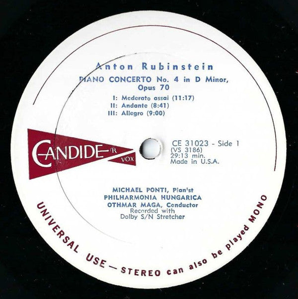Anton Rubinstein, Philharmonia Hungarica, Othmar F. M. Mága, Michael Ponti : Piano Concerto No. 4 In D Minor Op. 70 / Assorted Small Solo Pieces (LP)