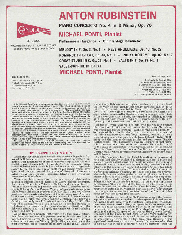 Anton Rubinstein, Philharmonia Hungarica, Othmar F. M. Mága, Michael Ponti : Piano Concerto No. 4 In D Minor Op. 70 / Assorted Small Solo Pieces (LP)