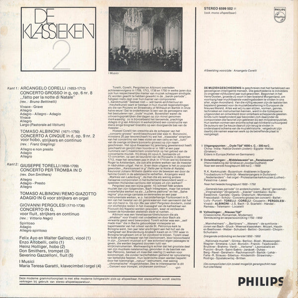Arcangelo Corelli / Tomaso Albinoni / Giuseppe Torelli / Giovanni Battista Pergolesi, I Musici : Corelli - Kerstconcert; Albinoni - Adagio Hoboconcert; Torelli - Trompetconcert; Pergolesi - Fluitconcert | De Klassieken 2 (LP, Comp)