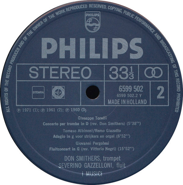 Arcangelo Corelli / Tomaso Albinoni / Giuseppe Torelli / Giovanni Battista Pergolesi, I Musici : Corelli - Kerstconcert; Albinoni - Adagio Hoboconcert; Torelli - Trompetconcert; Pergolesi - Fluitconcert | De Klassieken 2 (LP, Comp)