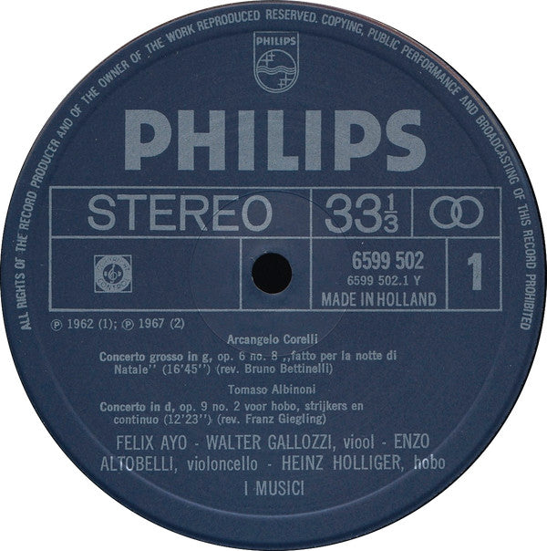 Arcangelo Corelli / Tomaso Albinoni / Giuseppe Torelli / Giovanni Battista Pergolesi, I Musici : Corelli - Kerstconcert; Albinoni - Adagio Hoboconcert; Torelli - Trompetconcert; Pergolesi - Fluitconcert | De Klassieken 2 (LP, Comp)