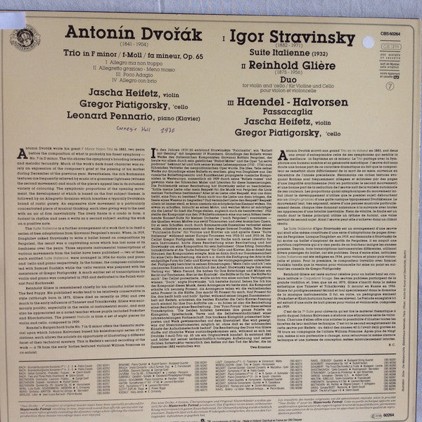 Jascha Heifetz, Gregor Piatigorsky, Leonard Pennario - Antonín Dvořák, Igor Stravinsky, Reinhold Glière, Georg Friedrich Händel / Johan Halvorsen : Piano Trio, Op. 65 / Suite Italienne / Duo / Passacaglia (LP, Album, RM)