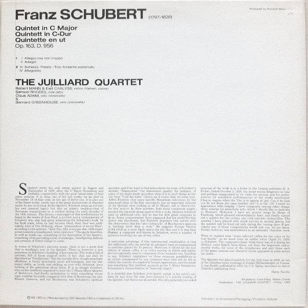 Franz Schubert, Juilliard String Quartet & Bernard Greenhouse : Quintet In C Major = Quintet In C-Dur = Quintette En Ut (LP, RE, Gat)