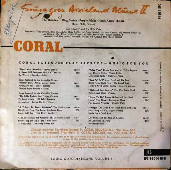 Bob Crosby And The Bob Cats : Sousa Goes Dixieland Volume 2 (7", EP, Mono)