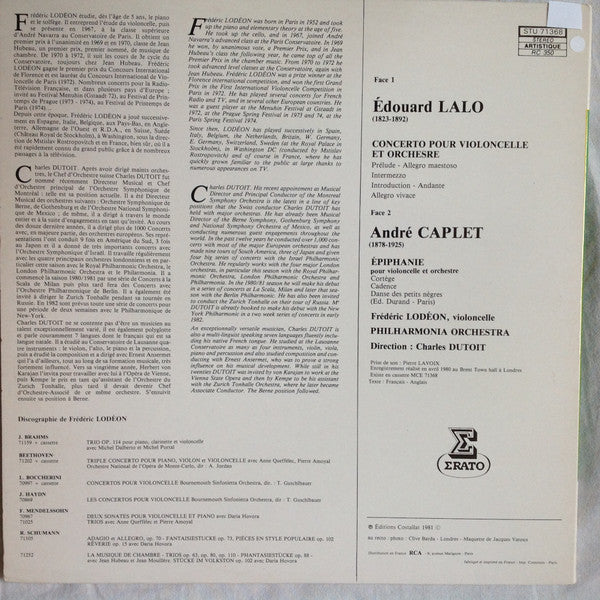 André Caplet, Édouard Lalo, Frédéric Lodéon, Charles Dutoit, Philharmonia Orchestra : Concerto Pour Violoncelle / Epiphanie (LP, Album, Gat)