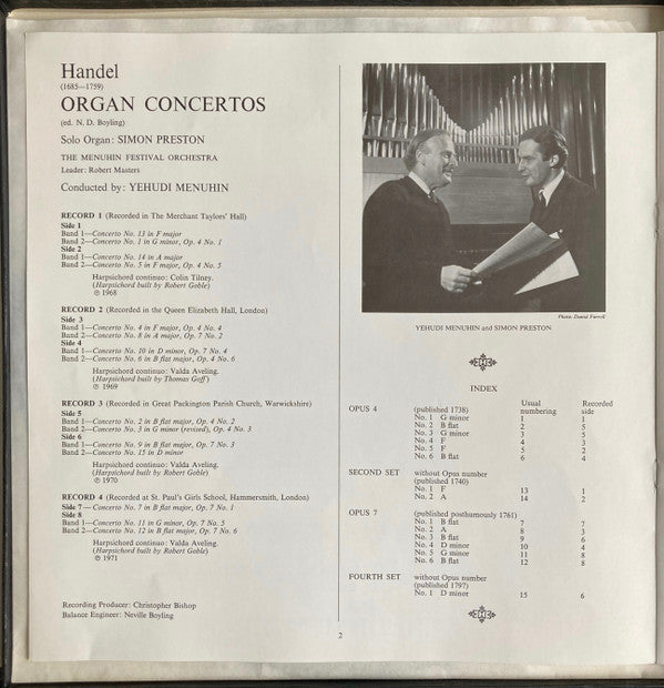 Georg Friedrich Händel, Simon Preston, Yehudi Menuhin, Bath Festival Orchestra, Menuhin Festival Orchestra : The Organ Concertos (Complete) (4xLP, Comp + Box)