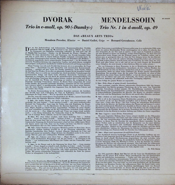 Antonín Dvořák, Felix Mendelssohn-Bartholdy, Beaux Arts Trio : Trio In E-Moll / Trio Nr. 1 In D-Moll Op. 49 (LP, Album)