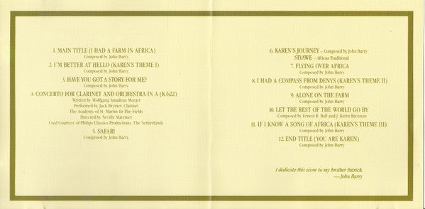 John Barry : Out Of Africa (Music From The Motion Picture Soundtrack) (CD, Album, RE)