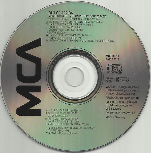 John Barry : Out Of Africa (Music From The Motion Picture Soundtrack) (CD, Album, RE)