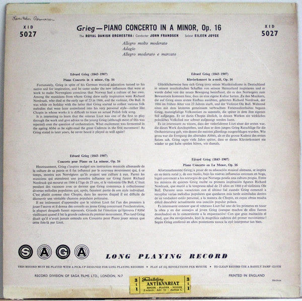 Eileen Joyce - Edvard Grieg - Det Kongelige Kapel, John Frandsen : Eileen Joyce Plays The Grieg Concerto (LP, Album, Mono)