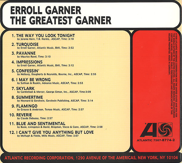 Erroll Garner : The Greatest Garner (CD, Album, RE, RM, Dig)